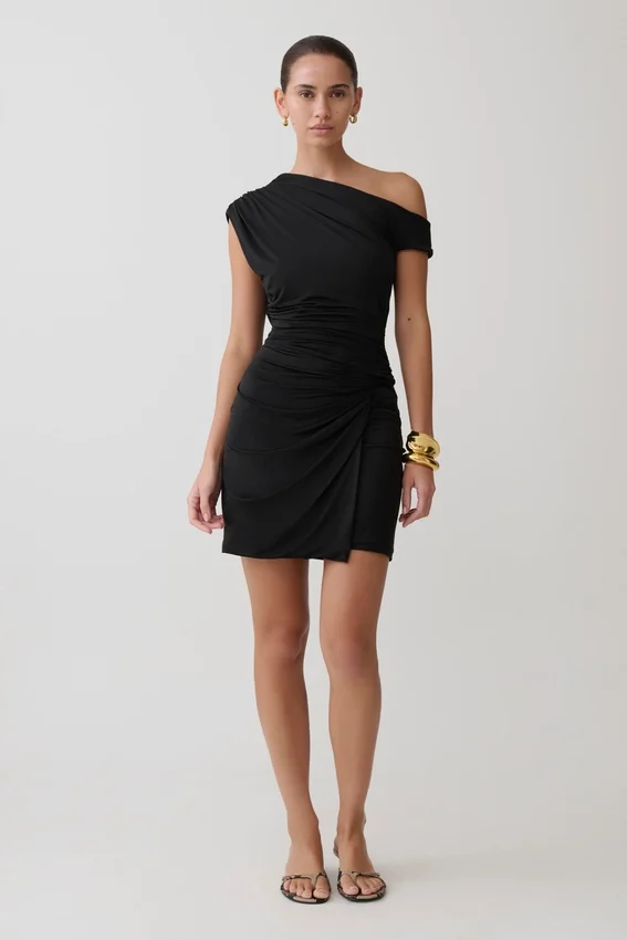 Alyn Off Shoulder Draped Mini Dress – Black Alyn Off Shoulder Draped Mini Dress – Black
