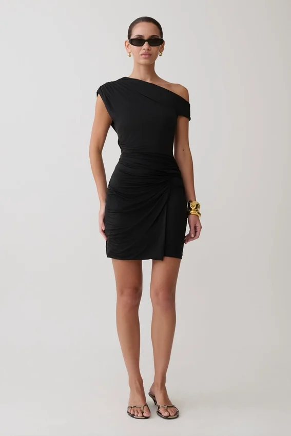 Alyn Off Shoulder Draped Mini Dress – Black Alyn Off Shoulder Draped Mini Dress – Black