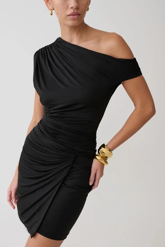 Alyn Off Shoulder Draped Mini Dress – Black Alyn Off Shoulder Draped Mini Dress – Black
