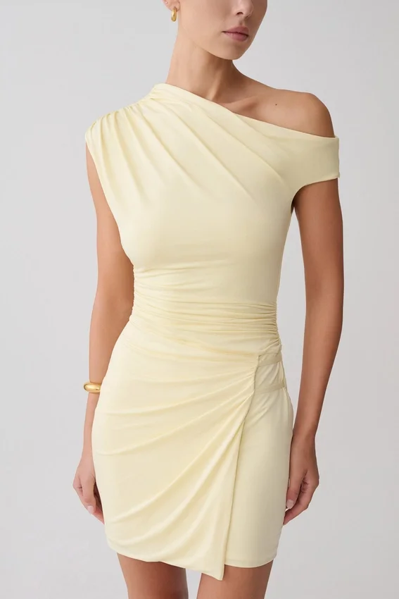 Alyn Off Shoulder Draped Mini Dress – Lemon Alyn Off Shoulder Draped Mini Dress – Lemon