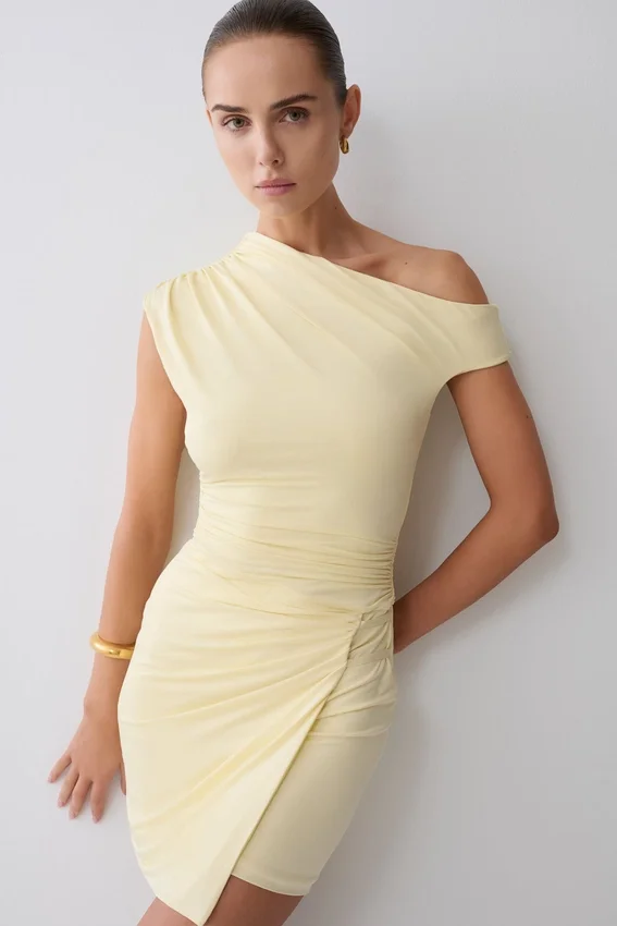 Alyn Off Shoulder Draped Mini Dress – Lemon Alyn Off Shoulder Draped Mini Dress – Lemon