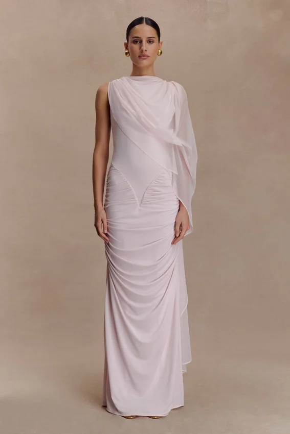 Amandine Ruched Slinky Maxi Dress – Pale Pink Amandine Ruched Slinky Maxi Dress – Pale Pink