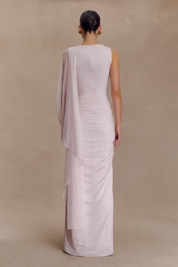 Amandine Ruched Slinky Maxi Dress – Pale Pink Amandine Ruched Slinky Maxi Dress – Pale Pink