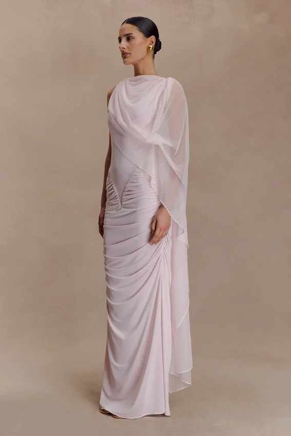 Amandine Ruched Slinky Maxi Dress – Pale Pink Amandine Ruched Slinky Maxi Dress – Pale Pink