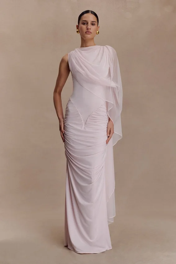 Amandine Ruched Slinky Maxi Dress – Pale Pink Amandine Ruched Slinky Maxi Dress – Pale Pink