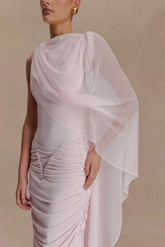 Amandine Ruched Slinky Maxi Dress – Pale Pink Amandine Ruched Slinky Maxi Dress – Pale Pink