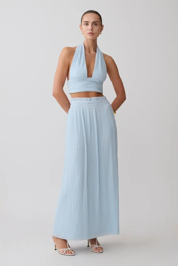Amaris Gathered Plisse Maxi Skirt – Pale Blue Amaris Gathered Plisse Maxi Skirt – Pale Blue