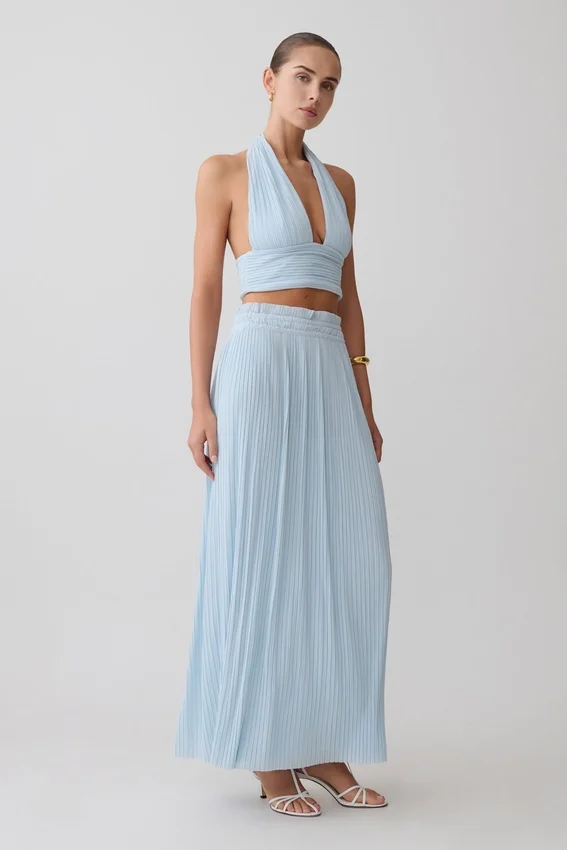 Amaris Gathered Plisse Maxi Skirt – Pale Blue Amaris Gathered Plisse Maxi Skirt – Pale Blue