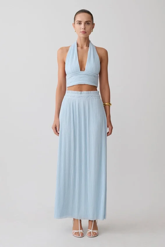 Amaris Gathered Plisse Maxi Skirt – Pale Blue Amaris Gathered Plisse Maxi Skirt – Pale Blue
