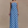Amaya Strapless Chiffon Maxi Dress – Blue Polka Dot