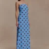 Amaya Strapless Chiffon Maxi Dress – Blue Polka Dot