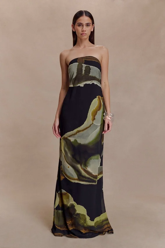Amaya Strapless Chiffon Maxi Dress – Green Fluid Reverie Print Amaya Strapless Chiffon Maxi Dress – Green Fluid Reverie Print