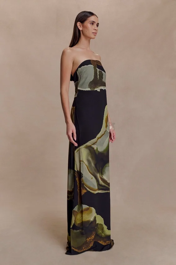 Amaya Strapless Chiffon Maxi Dress – Green Fluid Reverie Print Amaya Strapless Chiffon Maxi Dress – Green Fluid Reverie Print