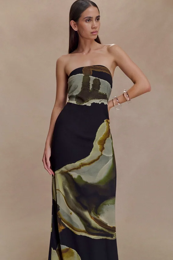 Amaya Strapless Chiffon Maxi Dress – Green Fluid Reverie Print Amaya Strapless Chiffon Maxi Dress – Green Fluid Reverie Print