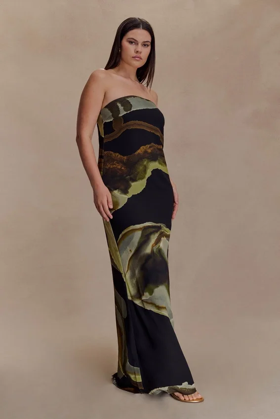 Amaya Strapless Chiffon Maxi Dress – Green Fluid Reverie Print Amaya Strapless Chiffon Maxi Dress – Green Fluid Reverie Print