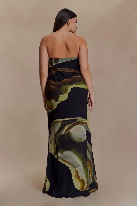 Amaya Strapless Chiffon Maxi Dress – Green Fluid Reverie Print Amaya Strapless Chiffon Maxi Dress – Green Fluid Reverie Print