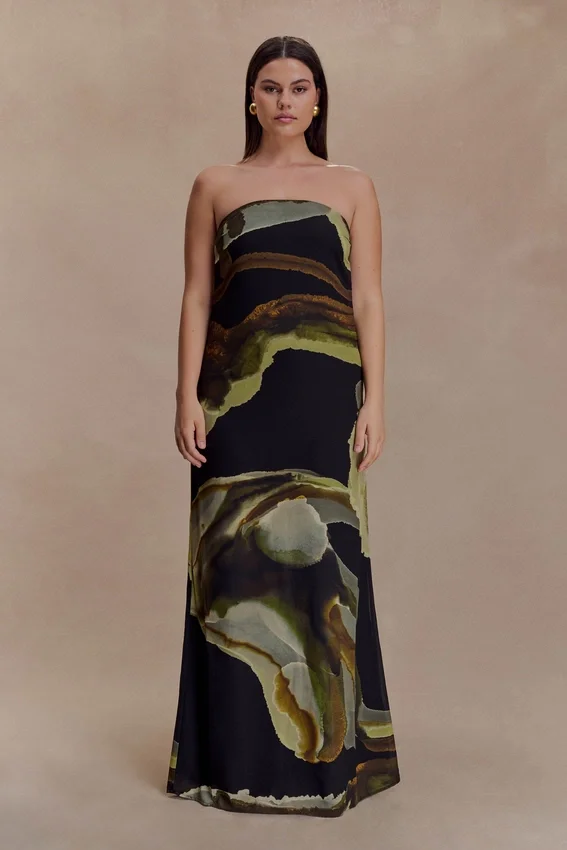 Amaya Strapless Chiffon Maxi Dress – Green Fluid Reverie Print Amaya Strapless Chiffon Maxi Dress – Green Fluid Reverie Print
