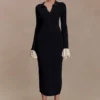 Amirose Ruffle Knit Midi Dress – Black