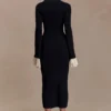 Amirose Ruffle Knit Midi Dress – Black
