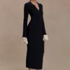 Amirose Ruffle Knit Midi Dress – Black