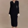 Amirose Ruffle Knit Midi Dress – Black