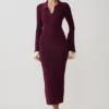 Amirose Ruffle Knit Midi Dress – Plum