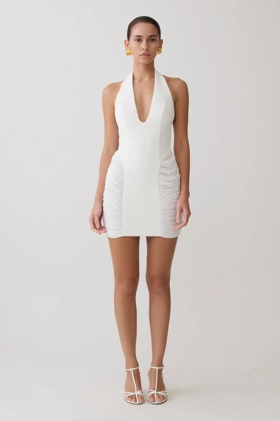 Anari Gathered Scuba Mini Dress – White Anari Gathered Scuba Mini Dress – White
