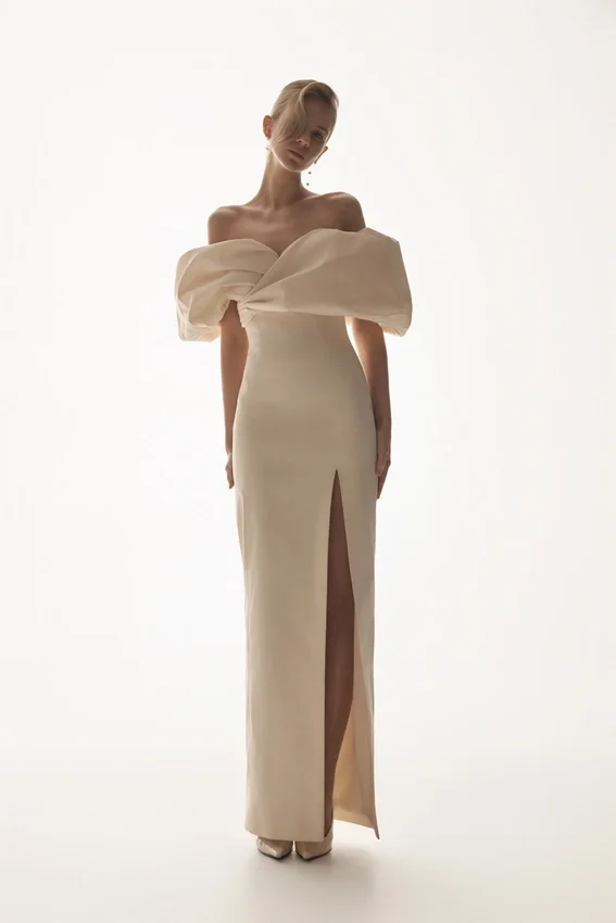 Angelica Taffeta Off Shoulder Bridal Gown – Soft Beige Angelica Taffeta Off Shoulder Bridal Gown – Soft Beige