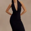 Annita Crepe Halter Midi Dress – Black