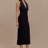 Annita Crepe Halter Midi Dress – Black