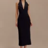 Annita Crepe Halter Midi Dress – Black
