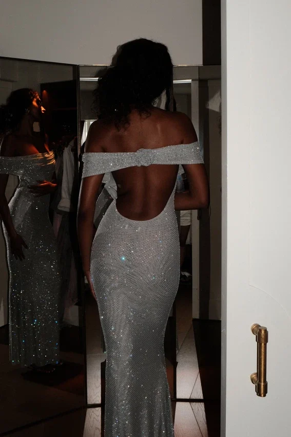 Arna Off Shoulder Diamante Maxi Dress – Silver Arna Off Shoulder Diamante Maxi Dress – Silver