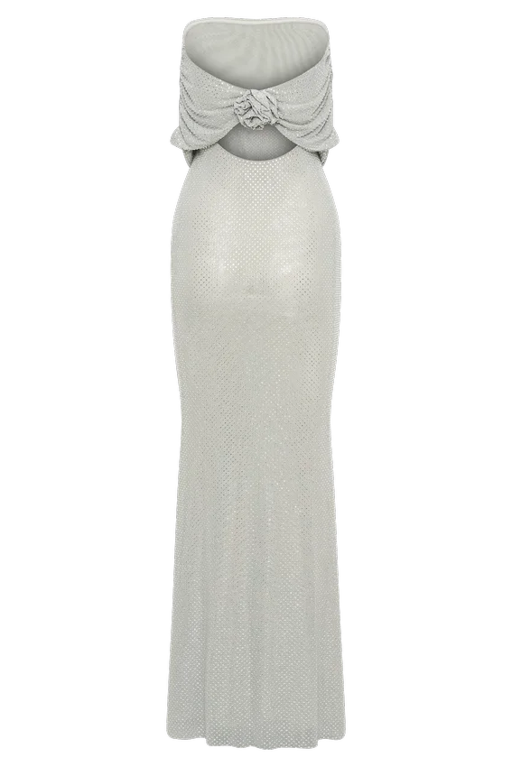 Arna Off Shoulder Diamante Maxi Dress – Silver Arna Off Shoulder Diamante Maxi Dress – Silver