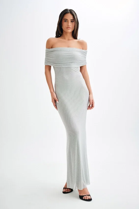 Arna Off Shoulder Diamante Maxi Dress – Silver Arna Off Shoulder Diamante Maxi Dress – Silver