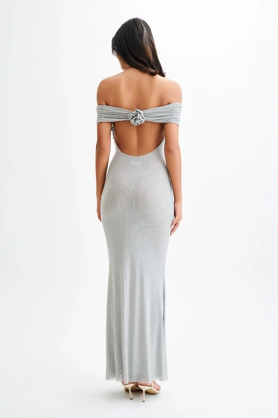 Arna Off Shoulder Diamante Maxi Dress – Silver Arna Off Shoulder Diamante Maxi Dress – Silver