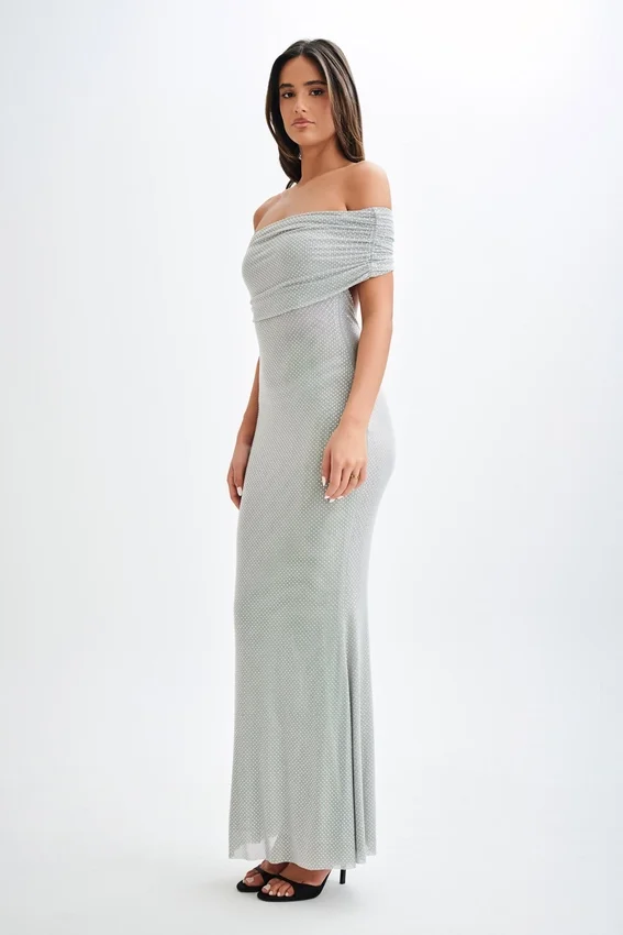 Arna Off Shoulder Diamante Maxi Dress – Silver Arna Off Shoulder Diamante Maxi Dress – Silver