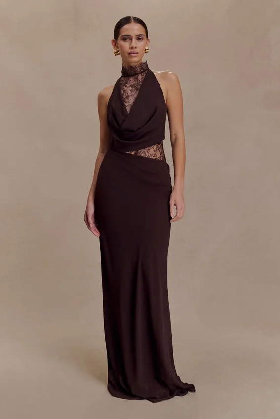 Arra Chiffon And Lace Halter Maxi Dress – Cacao Brown Arra Chiffon And Lace Halter Maxi Dress – Cacao Brown