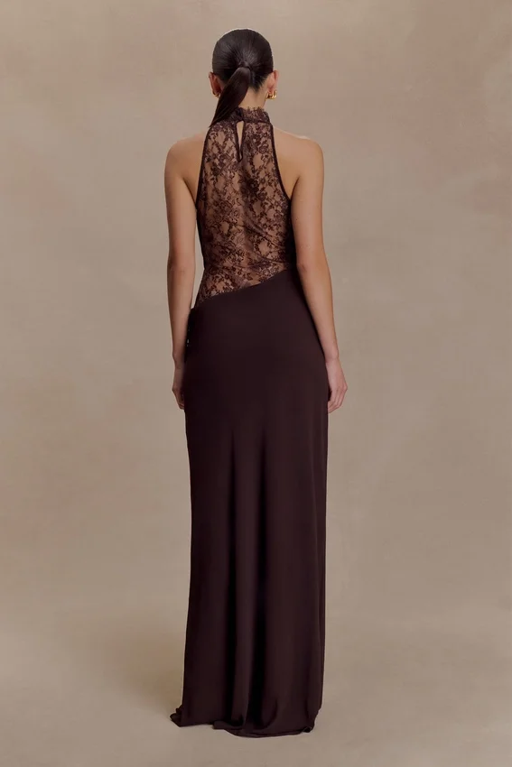 Arra Chiffon And Lace Halter Maxi Dress – Cacao Brown Arra Chiffon And Lace Halter Maxi Dress – Cacao Brown