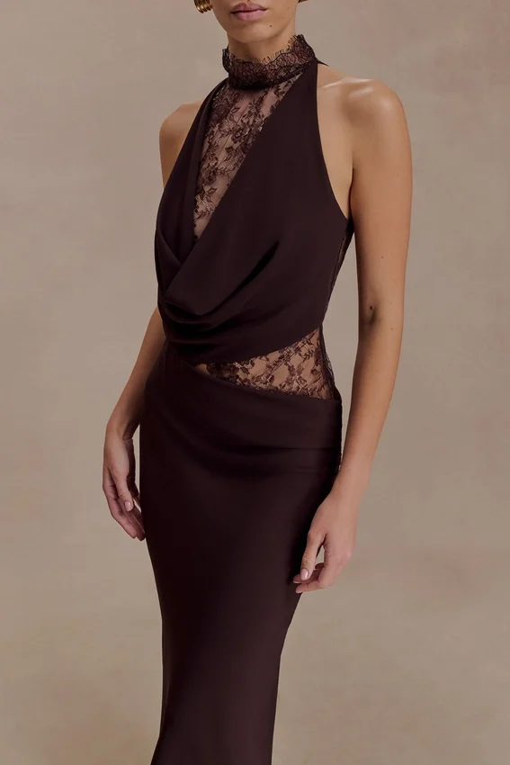 Arra Chiffon And Lace Halter Maxi Dress – Cacao Brown Arra Chiffon And Lace Halter Maxi Dress – Cacao Brown
