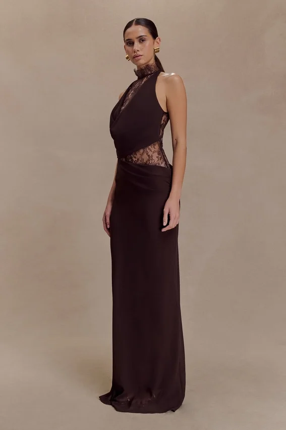 Arra Chiffon And Lace Halter Maxi Dress – Cacao Brown Arra Chiffon And Lace Halter Maxi Dress – Cacao Brown