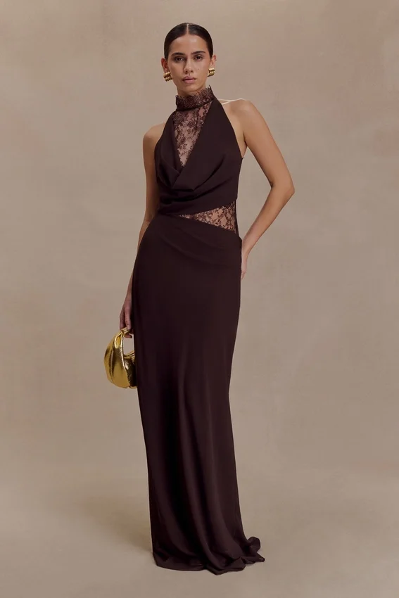 Arra Chiffon And Lace Halter Maxi Dress – Cacao Brown Arra Chiffon And Lace Halter Maxi Dress – Cacao Brown