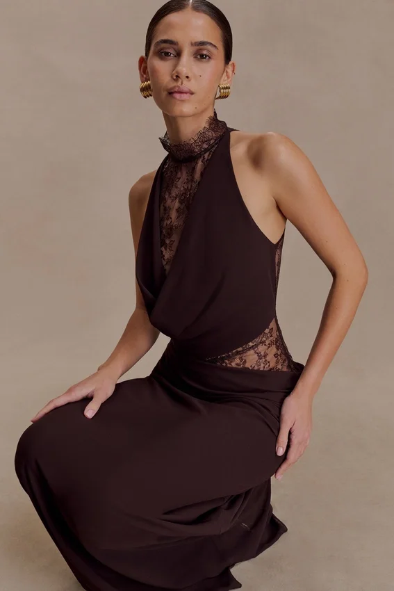 Arra Chiffon And Lace Halter Maxi Dress – Cacao Brown Arra Chiffon And Lace Halter Maxi Dress – Cacao Brown