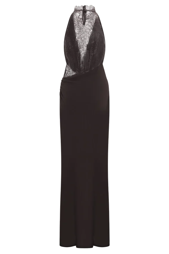 Arra Chiffon And Lace Halter Maxi Dress – Cacao Brown Arra Chiffon And Lace Halter Maxi Dress – Cacao Brown