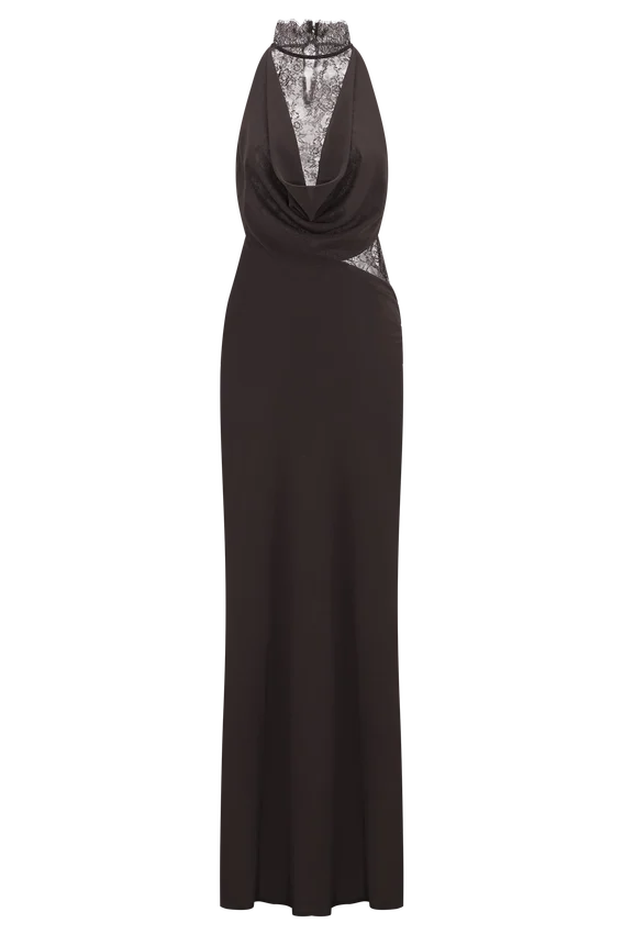 Arra Chiffon And Lace Halter Maxi Dress – Cacao Brown Arra Chiffon And Lace Halter Maxi Dress – Cacao Brown