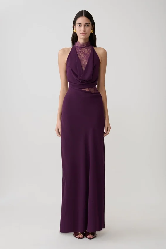 Arra Chiffon And Lace Halter Maxi Dress – Plum Arra Chiffon And Lace Halter Maxi Dress – Plum