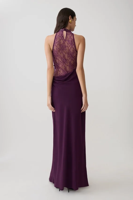 Arra Chiffon And Lace Halter Maxi Dress – Plum Arra Chiffon And Lace Halter Maxi Dress – Plum