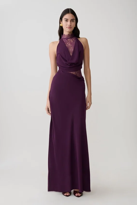 Arra Chiffon And Lace Halter Maxi Dress – Plum Arra Chiffon And Lace Halter Maxi Dress – Plum