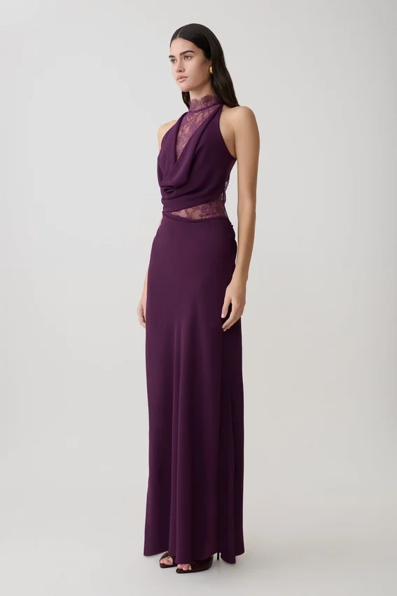 Arra Chiffon And Lace Halter Maxi Dress – Plum Arra Chiffon And Lace Halter Maxi Dress – Plum