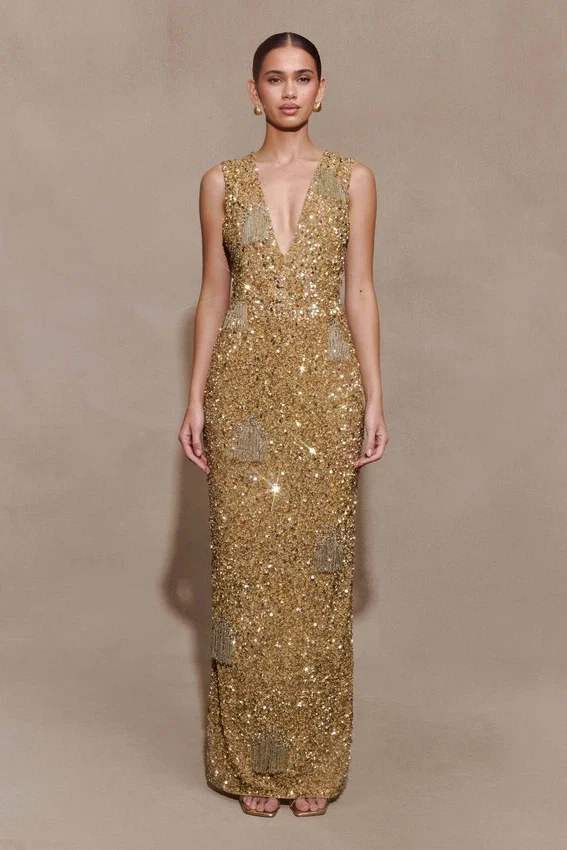 Astor Hand Embellished Maxi Dress – Gold Astor Hand Embellished Maxi Dress – Gold