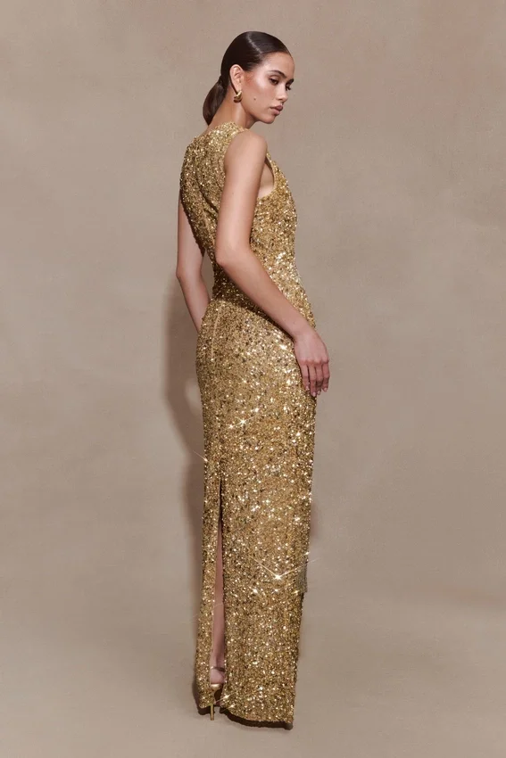 Astor Hand Embellished Maxi Dress – Gold Astor Hand Embellished Maxi Dress – Gold